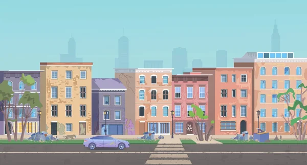 Ghetto landskap vektor illustration, tecknad platt stadsdel stadsbild med slum city street och smutsiga shanty hus, hem för fattiga människor, hemlösa hund skräp på vägen — Stock vektor