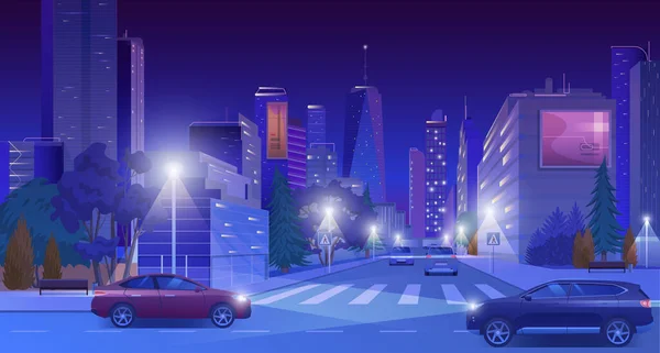 Stad centrum 's nachts vector illustratie, cartoon platte moderne blauwe futuristische stadsgezicht met wolkenkrabbers in gloeiende neon lichten, auto' s op verlichte straat weg — Stockvector