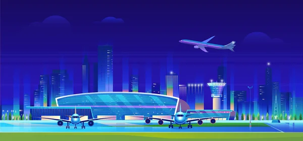 Aeroporto da cidade à noite ilustração vetorial. Desenhos animados apartamento aeroporto terminal moderno edifício, aviões à espera de voo, aeronaves decolando e pousando na pista, neon cityscape arranha-céus fundo —  Vetores de Stock