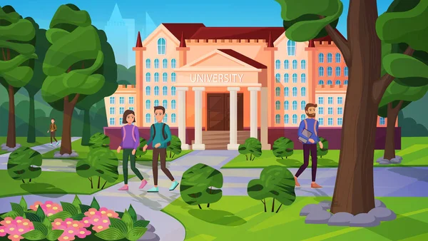 Egyetemi táj emberekkel vektor illusztráció, rajzfilm lapos akadémikus diák karakterek séta az úton zöld park vagy kert közelében egyetemi campus épület — Stock Vector