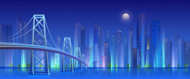 Gece vektör illüstrasyonunda şehir köprüsü, çizgi film yassı modern şehir silueti, gökdelenleri neon ışıklarıyla aydınlatılmış köprü arka planında mavi fütüristik şehir manzarası