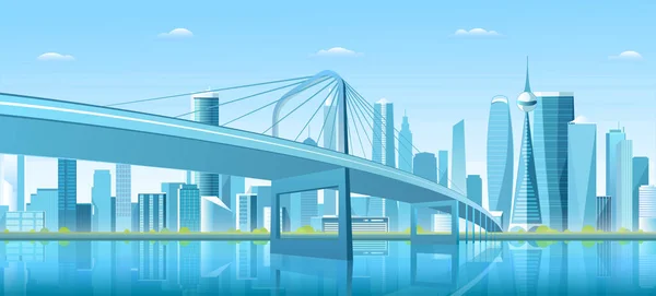 Ponte da cidade sobre a água Bay vetor ilustração, cartoon plana moderna ponte nova para o centro da metrópole futurista, azul centro cityscape fundo — Vetor de Stock