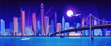 Gece vektör illüstrasyonunda su bölümünün üzerindeki şehir köprüsü. Çizgi film düz modern köprü şehir merkezindeki neon metropol şehir merkezindeki deniz manzaralı binalar, kule gökdelenleri manzara.