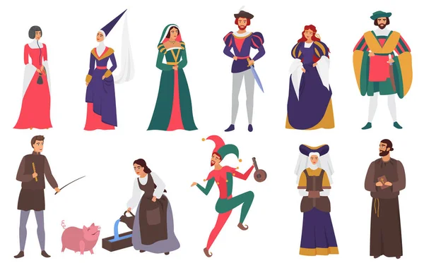 中世纪人矢量图片集，中世纪卡通人物历史长河中的男女性人物集合，穿着历史悠久的贵族服装，与白人隔离 — 图库矢量图片