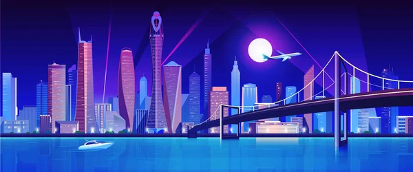 Městský most přes vodní dok na noční vektorové ilustraci. Cartoon byt moderní most do centra futuristické neonové metropole, centrum města městská krajina nábřeží budovy, věž mrakodrapy pohled na krajinu. — Stockový vektor