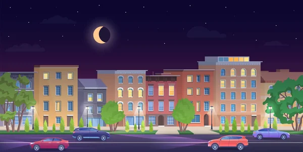 Architectuur gebouw in New York straten 's nachts vector illustratie, cartoon platte stedelijke NY skyline, panorama uitzicht op straatbeeld met klassieke gevel bakstenen huizen achtergrond — Stockvector