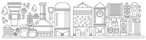 Bira fabrikası üretim konveyör süreci panorama. Çizgi fabrikası bira siyah panoramik arka plan. Taslak klasik felç tarzı doğrusal vektör illüstrasyon pankartı. Ekim Festivali konsepti — Stok Vektör