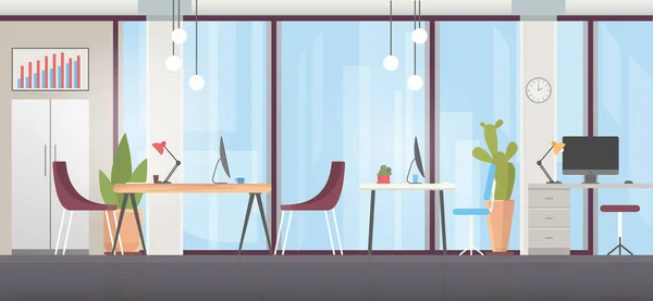 Интерьер офисной комнаты с плоским векторным рисунком, мультипликация современное широкое деловое пространство с офисным стулом, стол компьютерного дизайнера, панорамный фон окна — стоковый вектор