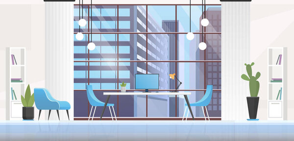 Векторная иллюстрация интерьера офиса, панорамное пустое рабочее место внутри фона с современной офисной мебелью, креативный дизайн интерьера
