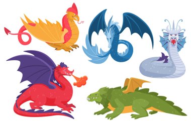 Ejderha vektör illüstrasyon seti, çizgi film Asyalı renkli peri masalı elementlerin ejderha koleksiyonu, beyaz üzerine izole edilmiş ateş metal toprak ağacı suyu.