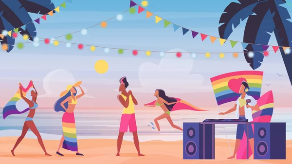 Pessoas em LGBT orgulho praia festa vetor ilustração, cartoon plana comunidade diversidade LGBT com bandeira do arco-íris se divertir na praia feriado evento fundo —  Vetores de Stock