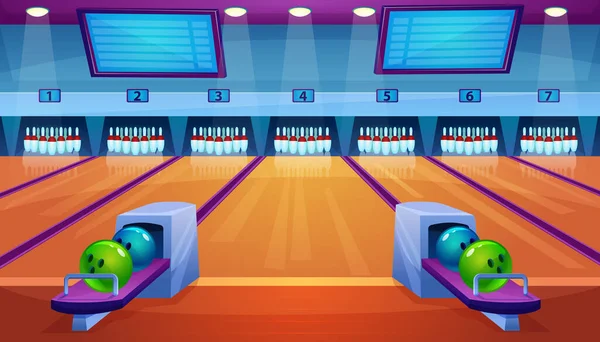 Bolera interior plana vector ilustración, club de bolos vacío de dibujos animados con bolos bolas cuencos tenpins deporte juego equipo fondo — Archivo Imágenes Vectoriales