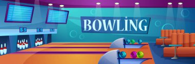 Bowling salonu vektör illüstrasyonu, çizgi film yassı panoramik boş bovling klubü iç dekorasyonu pin bowl topu ekipmanlarıyla oyun yarışması veya şampiyonluk arkaplanı