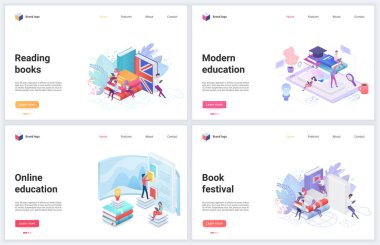 Isometric Kitap okuma, eğitim teknolojisi vektör çizimleri 3d modern eğitim konsepti online okul öğretmenleri ve uzaklık öğrenme kursları