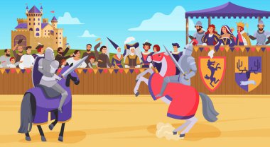 Medieval knight joust battle vector illustration, cartoon flat horseman hero knight characters jousting with swords and shields background clipart