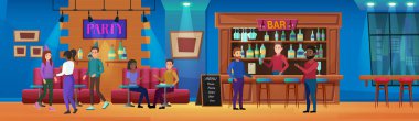 Gece hayatı eğlence barı parti illüstrasyonları, çizgi film karakterleri konuşan, gece kulübü arka planındaki barmenden içki ısmarlayan insanlar.