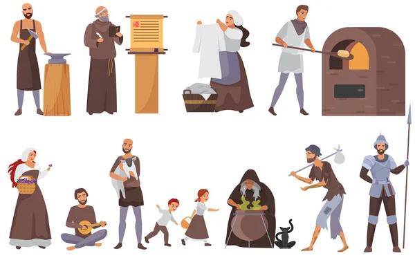 Medieval people vector illustration set, cartoon flat historical middle ages characters collection with peasant blacksmith priest laundress beggar isolated on white — Stock Vector