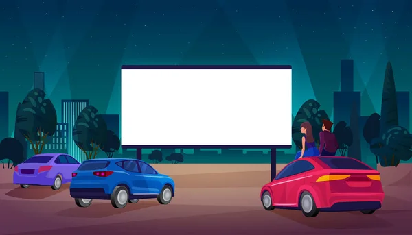 Människor i bil bio koncept vektor illustration, tecknad par förare tecken titta på film på stor skärm av utomhus biograf bakgrund — Stock vektor