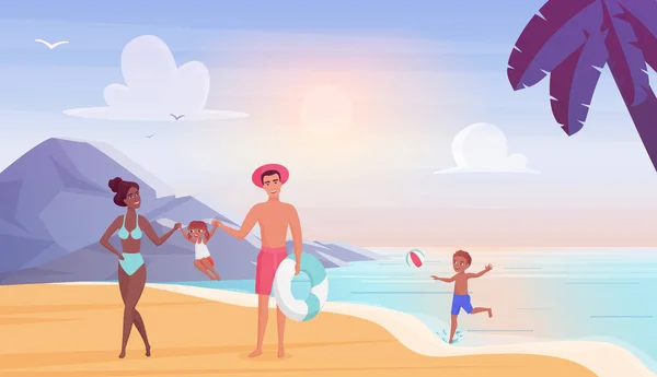 Feliz família no mar praia plana vetor ilustração, desenhos animados mãe pai e crianças personagens se divertir juntos no verão férias fundo — Vetor de Stock