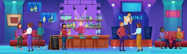 Karaoke gece hayatı vektör illüstrasyonu, karikatür düz adam kadın grubu şarap içen, karaoke gece kulübü partisinde şarkı söyleyen insanlar.