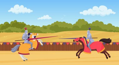 Medieval knights fight vector illustration, cartoon flat horseman warrior brave characters in body armor and armored horses fighting art background clipart