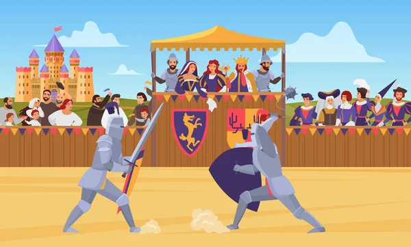 Medieval caballero torneo vector ilustración, personajes de dibujos animados caballero plano en trajes de armadura de cuerpo completo lucha duelo con espadas en el fondo del campo de batalla — Archivo Imágenes Vectoriales