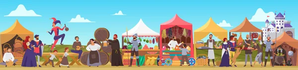 Medieval fair vector illustration, cartoon flat middle ages or fairy tale fair market with lady and sir characters, jester dancing, priest drinking beer background — Stock Vector