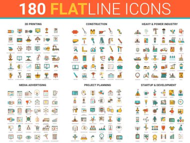 3d baskı geliştirme, imalat endüstrisi inşaatı, medya reklamcılığı ve başlangıç ana hatlarıyla düz ince çizgi ikon vektör çizimi