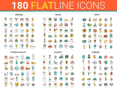 Düz ince çizgi tasarım ikonları fitness sporu, düğün partisi kutlaması, seyahat kampı ve ekoloji konsept sembolleri ile vektör ilülasyonu