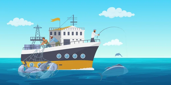 Pêcheurs dans un bateau de pêche illustration vectorielle de bateau, dessin animé plat industrie de la pêche commerciale fond avec pêcheur capture de poissons fruits de mer — Image vectorielle