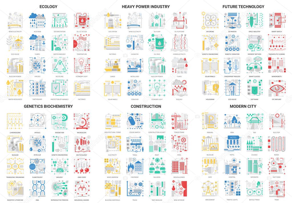 Flat thin line abstract icons, vector illustration modern design set with future eco technology in genetics biochemistry, heavy power industry, city construction