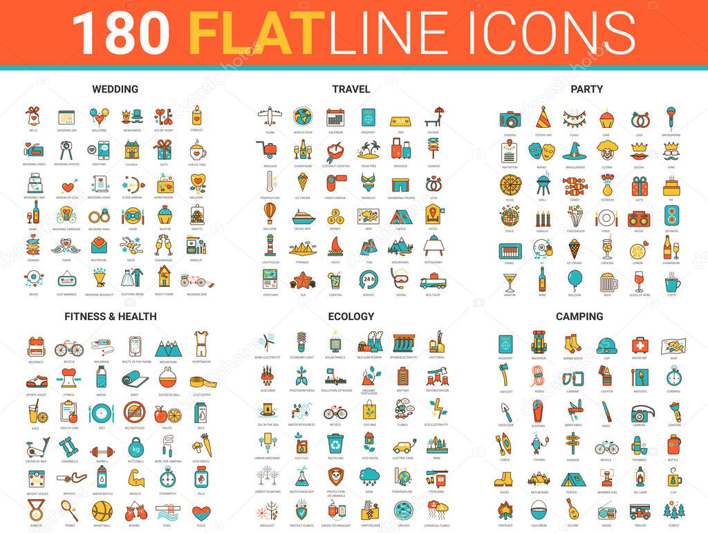 Flat thin line design icons vector illustration with fitness sport, wedding party celebration, travel camping and ecology outline concept symbols