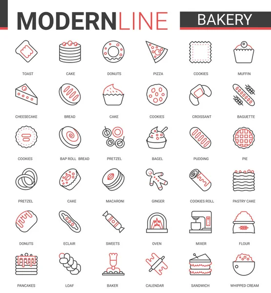 Panadería plana delgada roja línea negra icono vector ilustración conjunto, dulce comida postre esquema pictograma colección con productos de panadería de azúcar chef y equipo — Archivo Imágenes Vectoriales