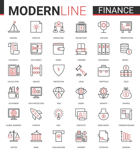 Фінанси плоска тонка червоно-чорна лінія значок Векторні ілюстрації набір з контуром фінансового бізнесу символів технології комерційного аналізу, консалтинг економічних даних та аналіз банківського рахунку — стоковий вектор