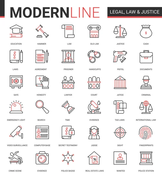 Legal law and justice flat icon vector illustration set of mobile app website symbols with judicial legislation education, lawyer defense, police investigation — Stock Vector