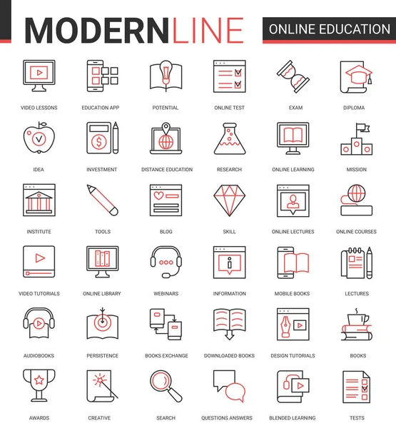 Online odległość edukacja płaska cienka czerwona linia ikony wektor ilustracja zestaw z liniowej technologii edukacyjnej symbole dla aplikacji mobilnych z procesem uczenia — Wektor stockowy