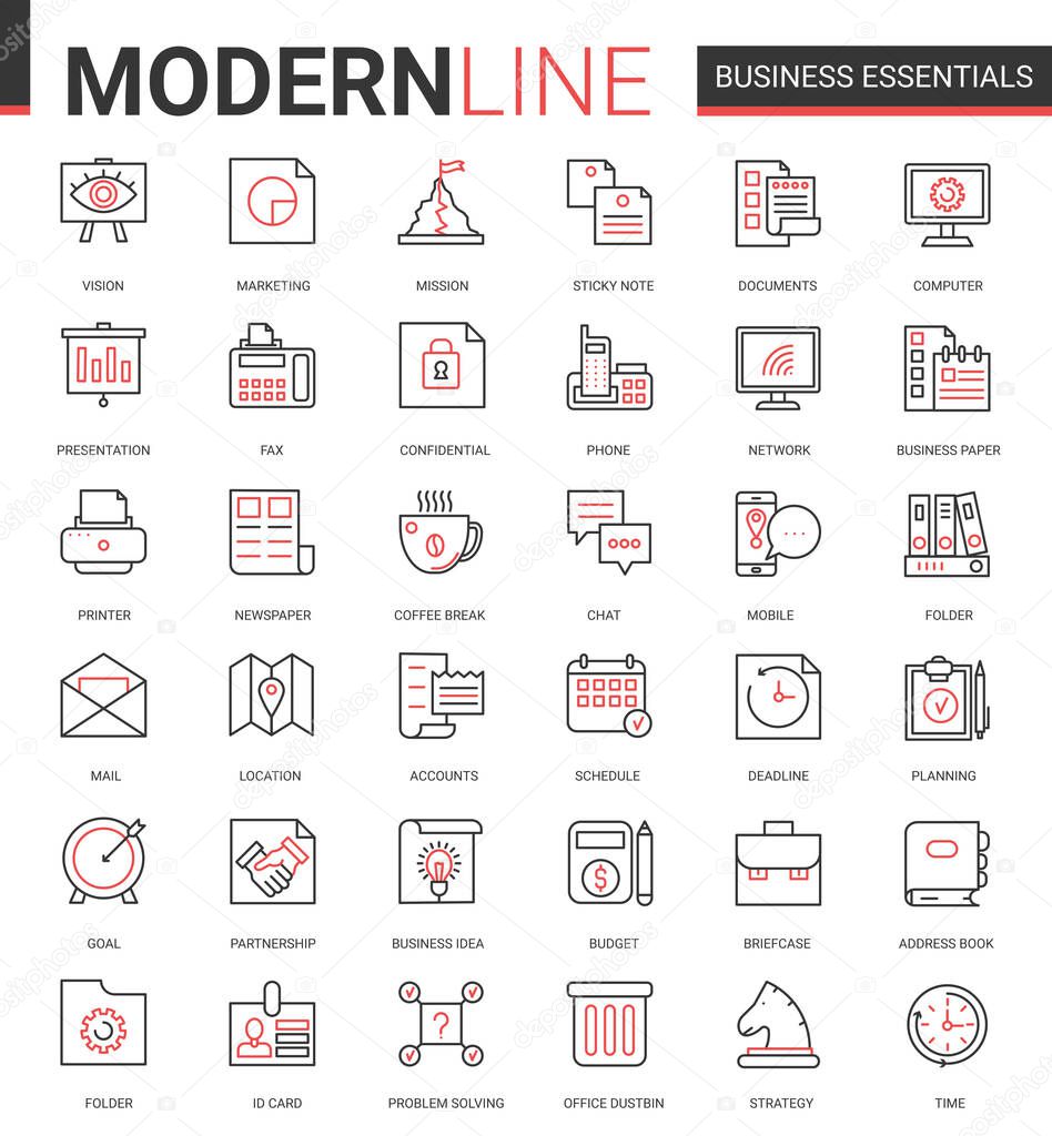 Business thin red black line icon vector illustration set with office objects, equipment and documents for financial development