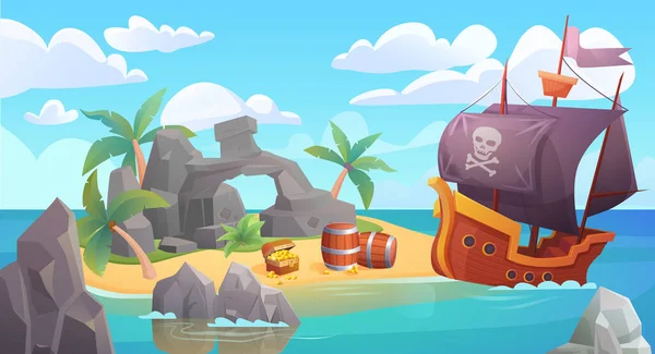 Isla pirata paisaje ilustración vectorial, dibujos animados paisaje marino con barco pirata en el océano o las aguas del mar y tesoro viejo cofre lleno de oro en la isla de playa rocosa — Vector de stock