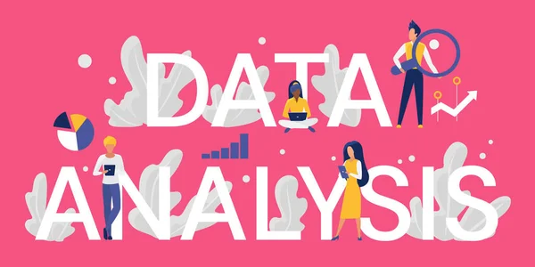 Análisis de datos palabra concepto vector ilustración, dibujos animados plana pequeña empresa analista o personajes de los clientes que trabajan con el ordenador portátil y tableta, el análisis de la información de la base de datos — Archivo Imágenes Vectoriales