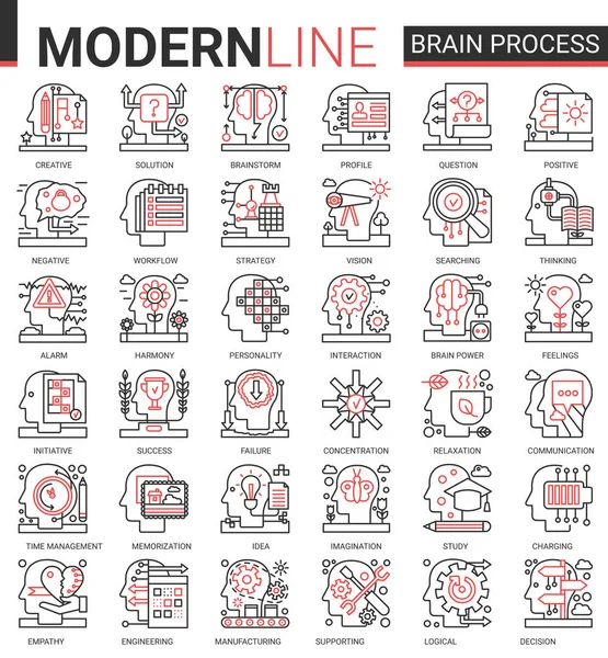 Hersenproces dunne rode lijn pictogrammen vector illustratie set met menselijke geest verwerking in het leren, empathie en sociale psychologie, creativiteit — Stockvector