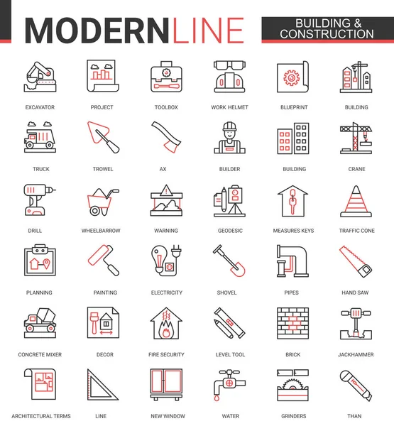 Building construction thin red black line icons vector illustration set with builders tools and crane equipment, city architecture development — Stock Vector
