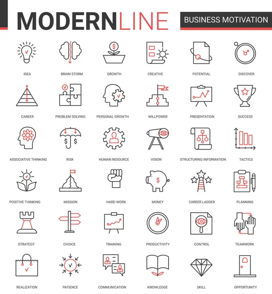 Geschäftsmotivation dünne rote schwarze Linie Icon Vector Illustration Set mit motivierenden Umrissen Symbole für die Produktivität von Finanzprozessen, Teamwork-Planung — Stockvektor