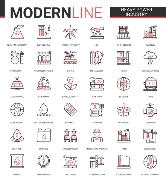 Schwerindustrie flache dünne rote schwarze Linie Icon Vector Illustration Set mit Metallurgie, Chemieanlagen und Fabrik, Stromproduktion Symbole — Stockvektor