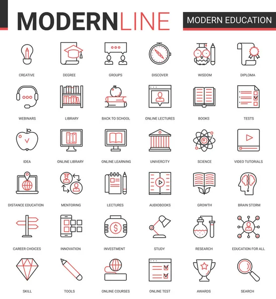 Educação moderna plana linha preta vermelha fina ícones vetor ilustração conjunto com símbolos de tecnologia educacional linear para aplicativos móveis com aprendizagem de processo — Vetor de Stock