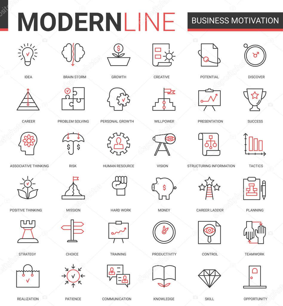 Business motivation thin red black line icon vector illustration set with motivational outline symbols for productivity of financial processes, teamwork planning