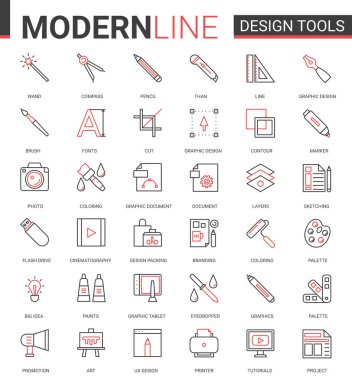 Sanat tasarımı aracı düz kırmızı çizgi simgeleri vektör illüstrasyon seti, tasarımcı pictogram işlem ekipmanları koleksiyonu profesyonel yaratıcı sanatsal öğeler koleksiyonu