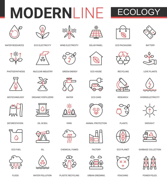 Ecología línea plana icono vector ilustración conjunto de símbolos ambientales ecosistema, eco coches y casas, tecnología moderna ciudad verde para salvar el medio ambiente — Vector de stock