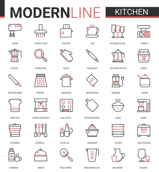 Kuchnia płaska linia wektor ikona zestaw ilustracji, ze szklanym naczyniem, narzędzia sprzęt do gotowania żywności i AGD urządzenia mobilne kolekcji symboli aplikacji — Wektor stockowy