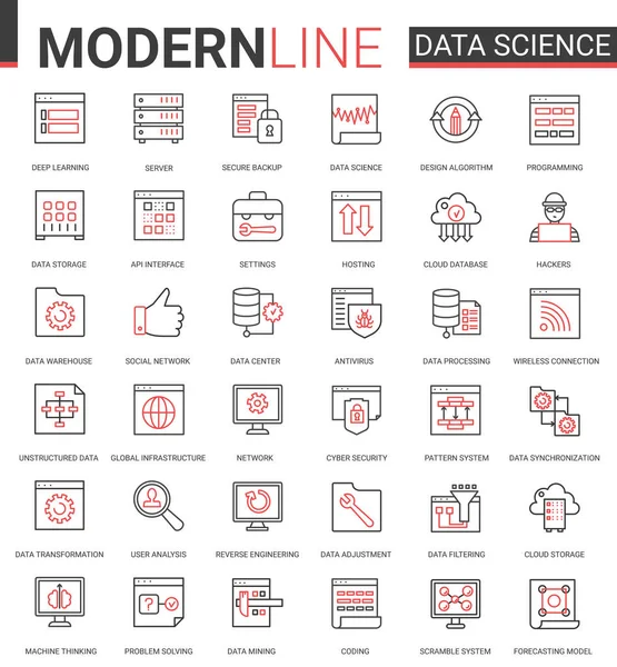 Ciência de dados fina linha preta vermelha ícone vetor ilustração conjunto com esboço símbolos coleção de tecnologia científica em sistemas de armazenamento de banco de dados internet —  Vetores de Stock