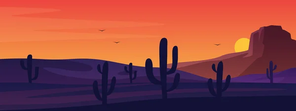 Техас або мексиканська пустельна панорама. Традиційна американська природа. Ландшафт Вектора прерії з сонцем і кактусами. Захід сонця Ретро Арізона Західний день для друку, плакату або стіни зображення. — стоковий вектор